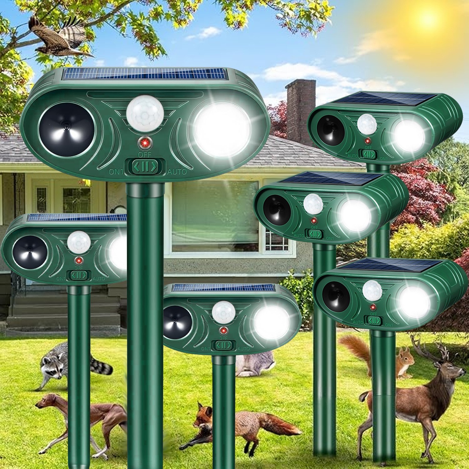 6Pack Ultrasonic Animal Repeller Outdoor Deer Repellent Devices with Light
