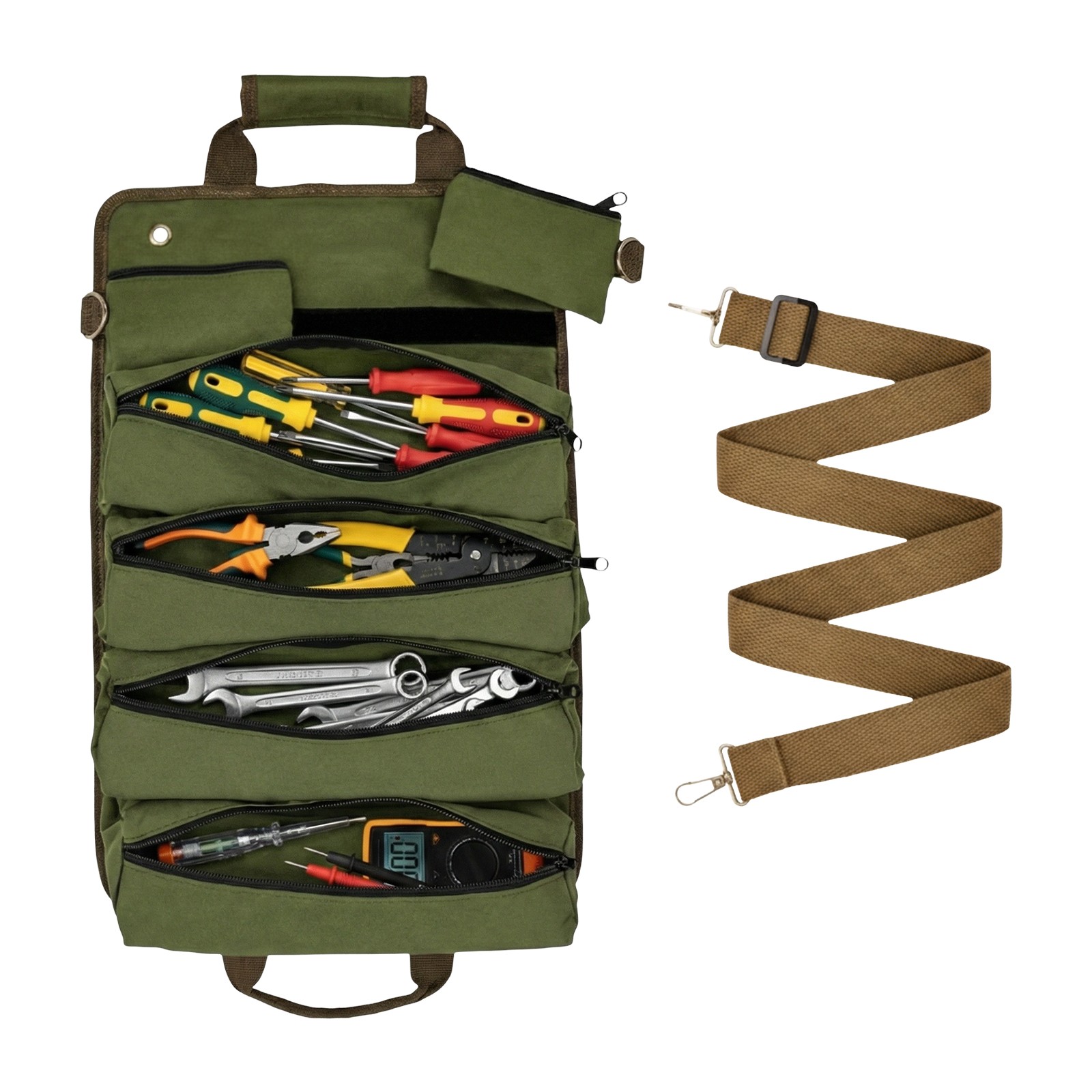 Foldable Roll Up Tool Bag with 4 Compartments & 2 Detachable Pouches