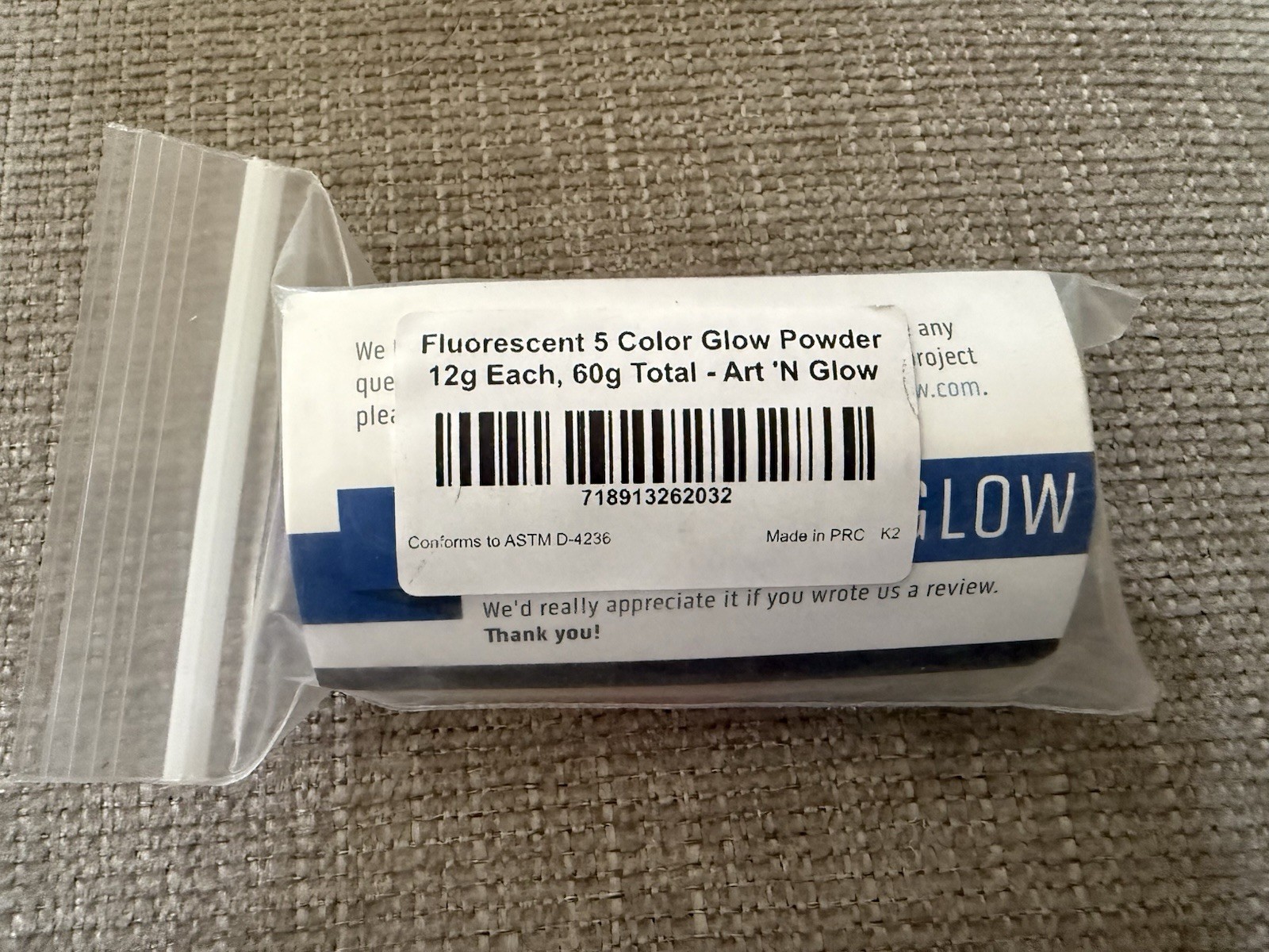 Art 'N Glow Fluorescent Glow Powder Set, 5 Colors, 12g Each (60g Total)