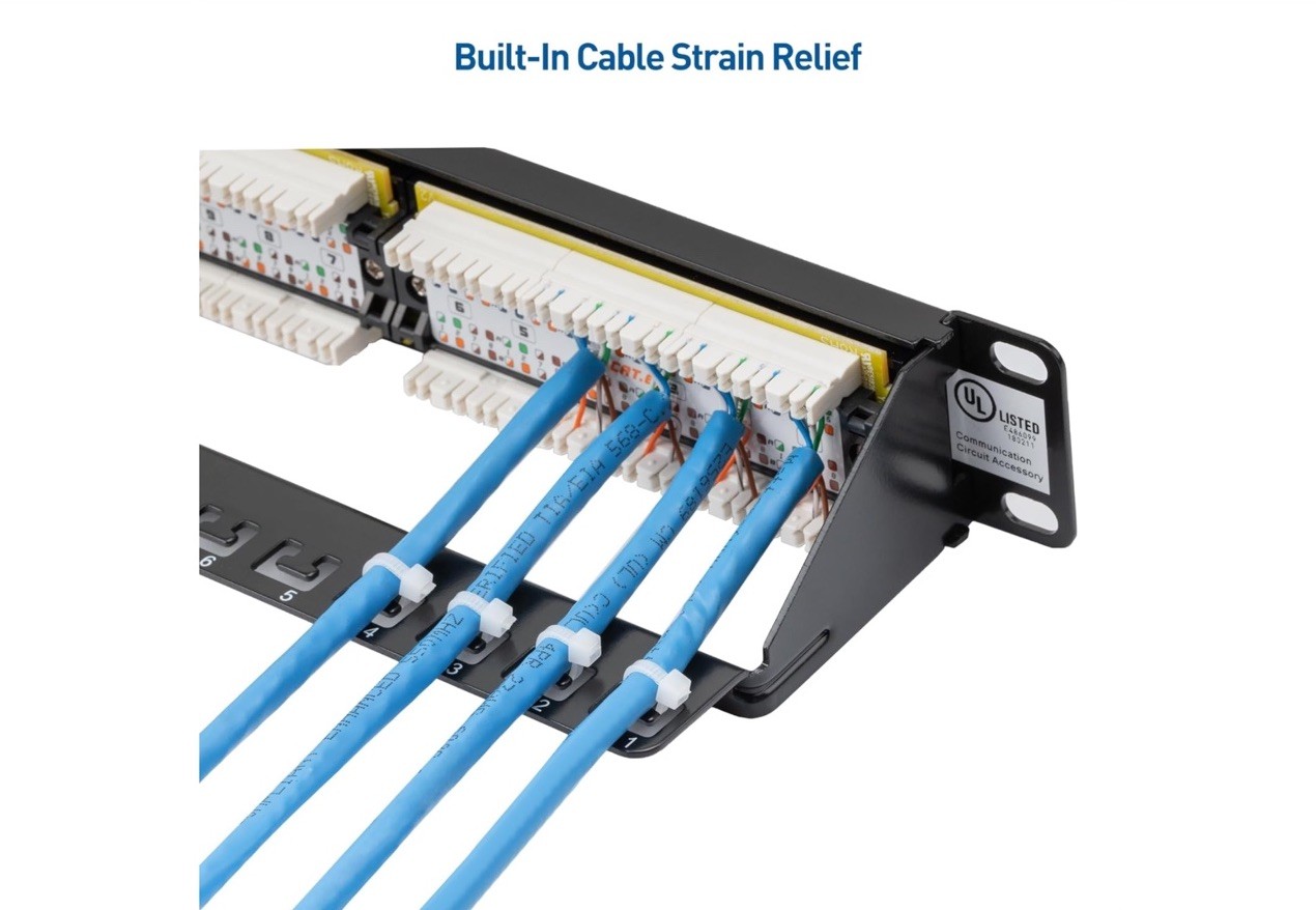 Cable Matters 24-Port Cat6 RJ45 Patch Panel 1U Rackmount Network Support Bar NIB
