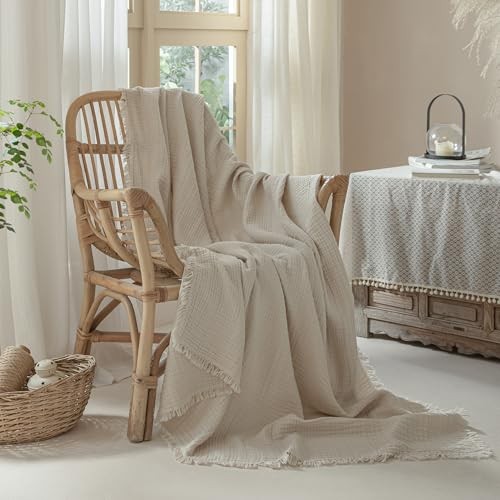 Muslin Fringe Blanket for Adults 100% Cotton 4-Layer Throw (50" × 60") Beige