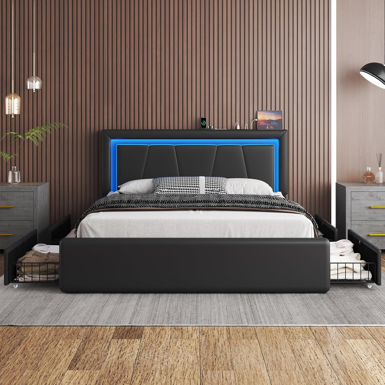 Queen Size Bed Frame with 4 Storage Drawers and LED Light, Upholstered Platform