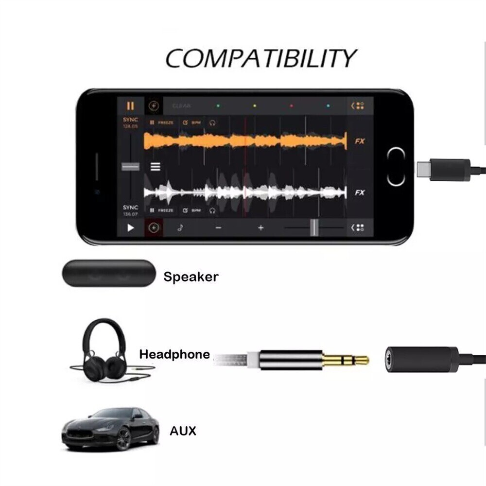 USB-C Type C Adapter Port to 3.5MM Aux Audio Jack Earphone Headphone Cable USB
