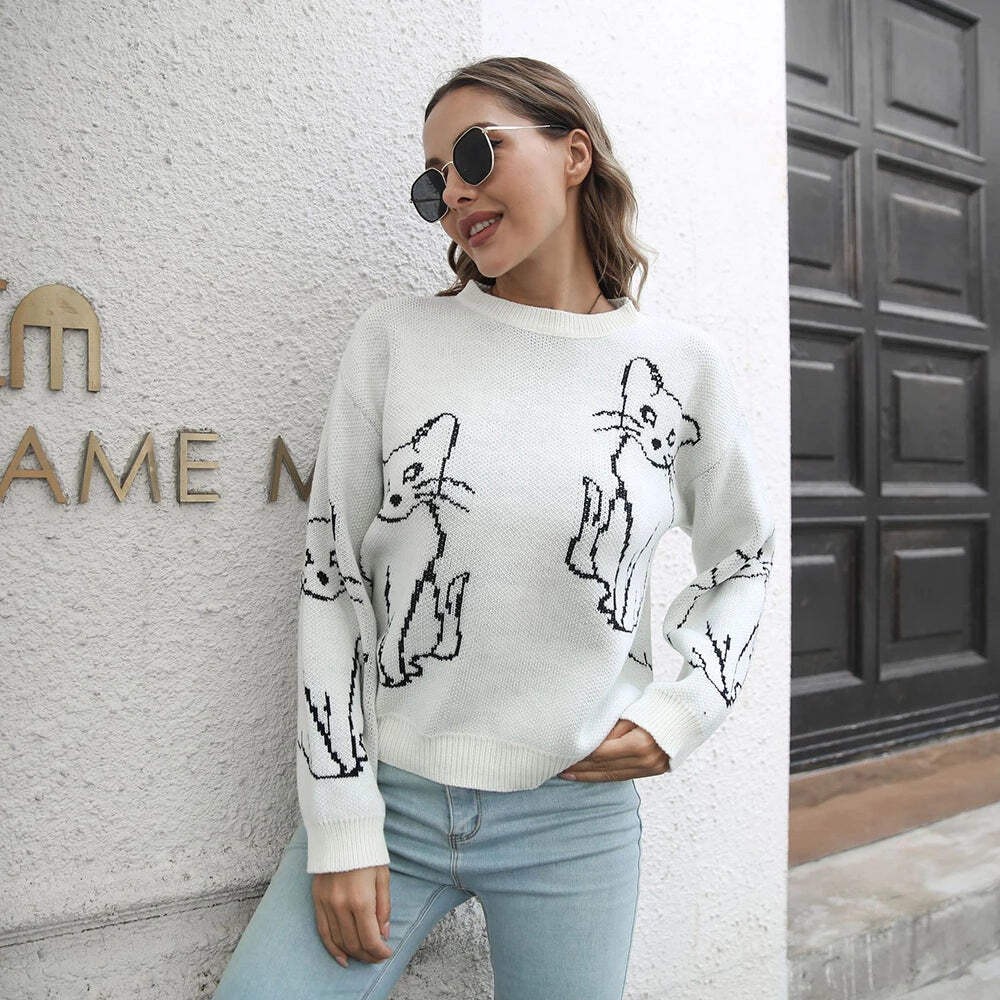 FZCSPEED Women's Cozy Cat Print Pullover Sweater - Fun & Casual