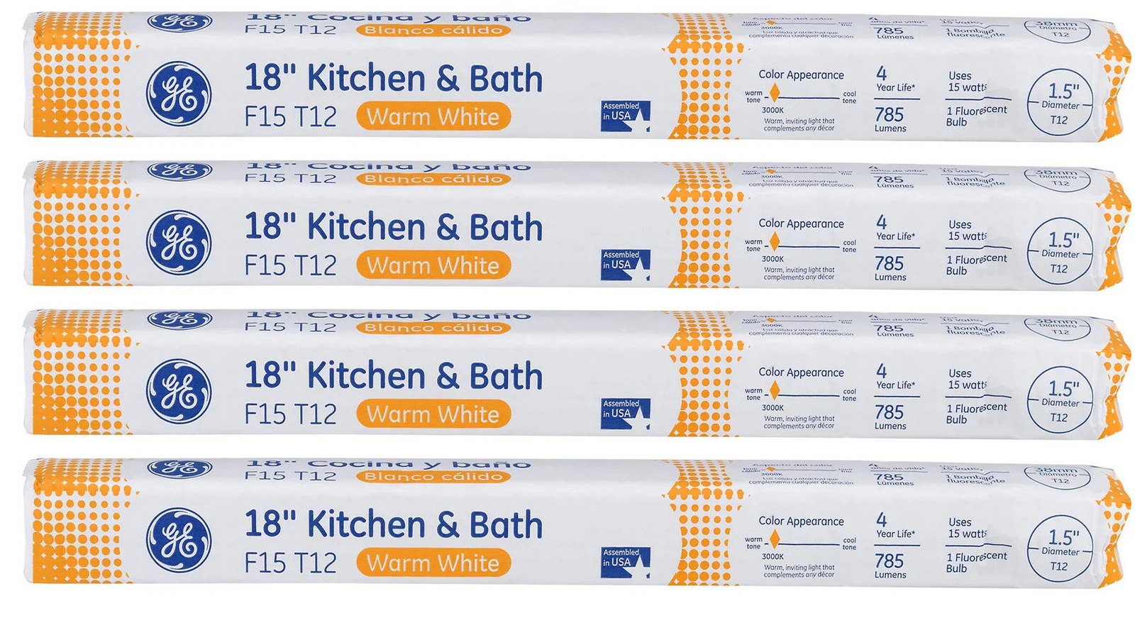 (4 lamps) GE Lighting 36105 Fluorescent F15T12 Kitchen and Bath light, F15 T12,