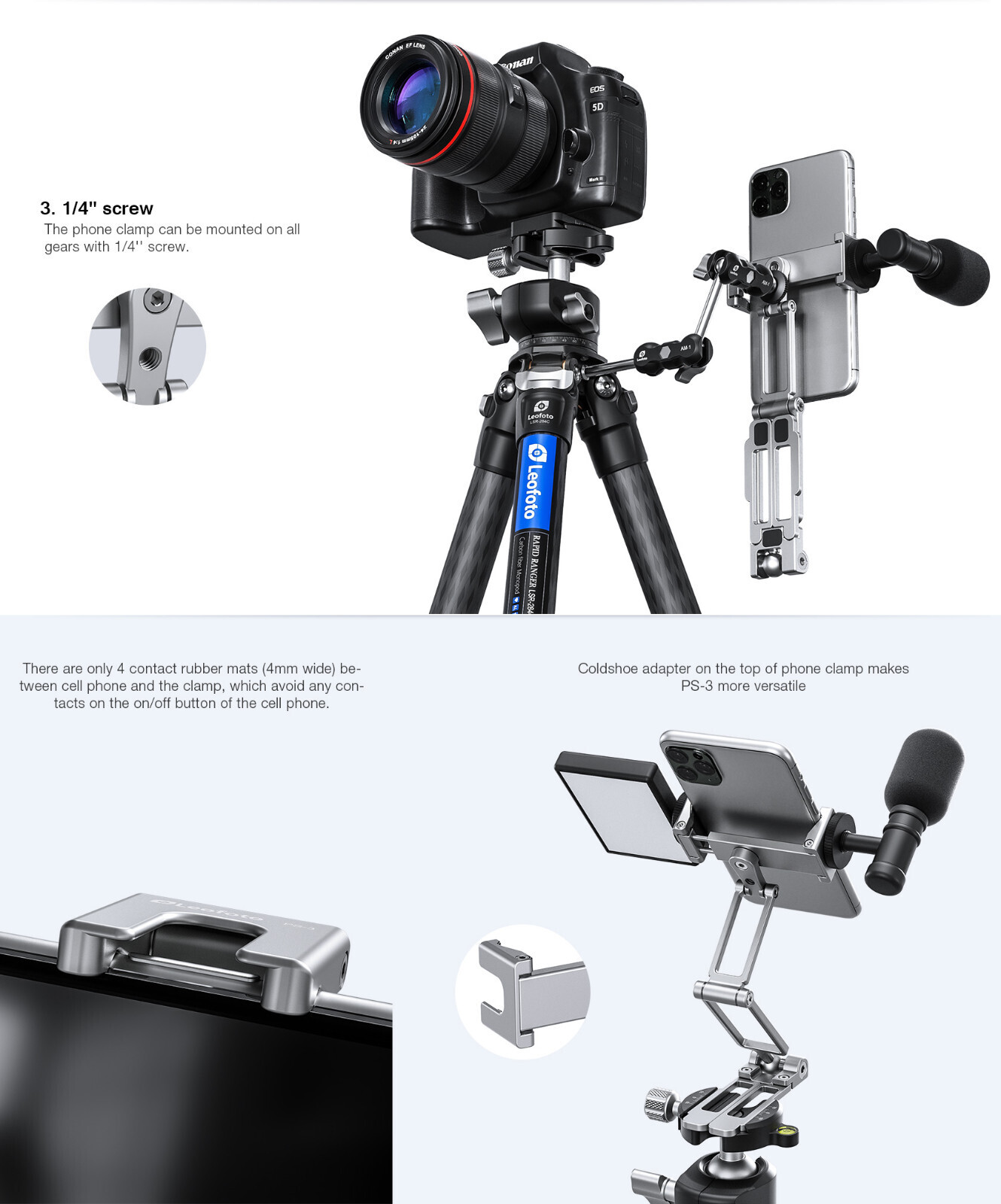 Leofoto PS-4 Foldable Multi-Functional Smartphone Clamp Silver