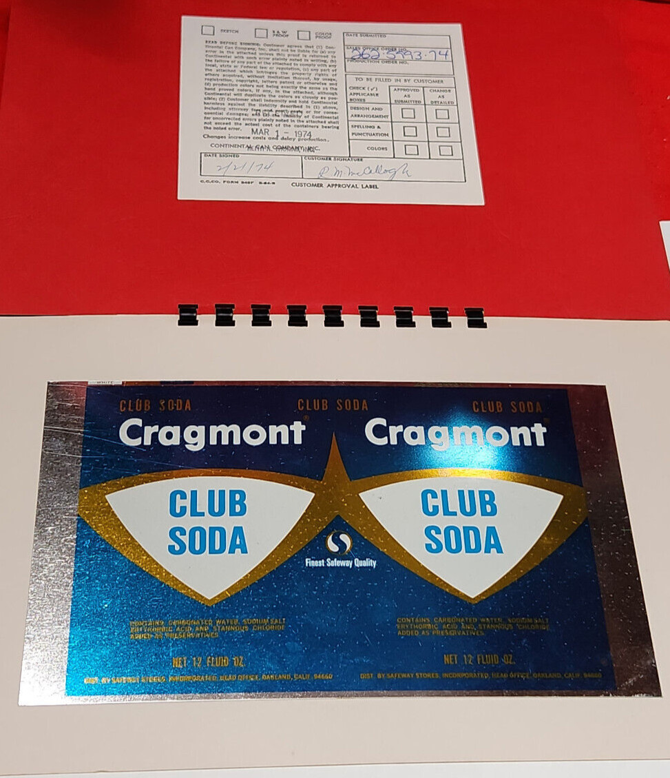 rare CONTINENTAL CAN flat EMPTY CRAGMONT CLUB SODA APPROVAL Museum 1974 8w5
