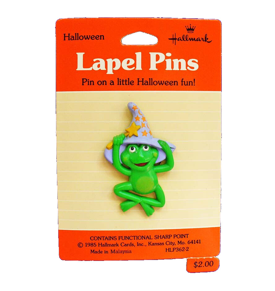 Hallmark PIN Halloween Vintage FROG Green WIZARD Hat Star WAND 1985 2.00 NEW