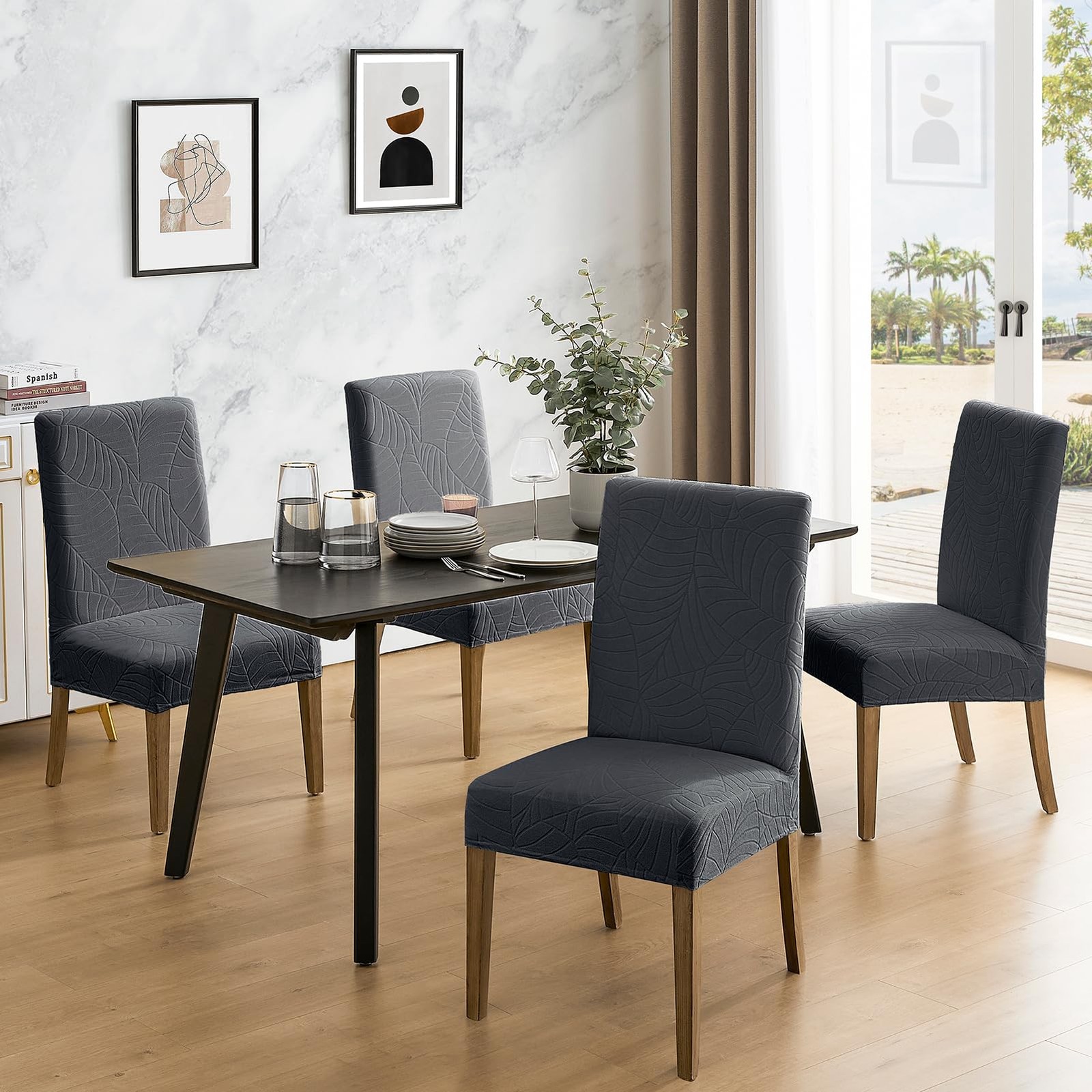 MOSAYT 100% Waterproof Dining Room Chair Covers L - 6 Pack, Leaf-dark Grey