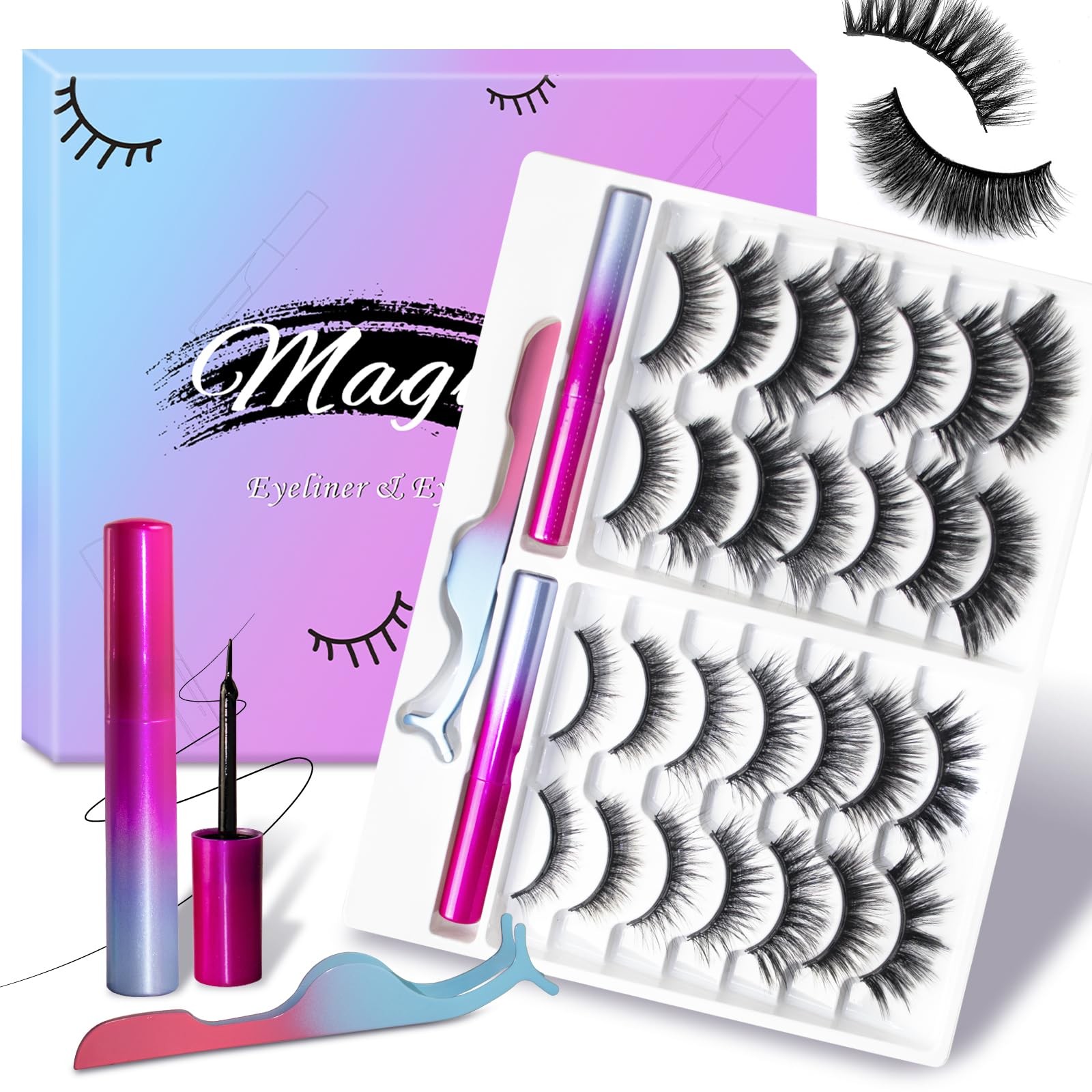 14 Pairs Magnetic Eyelashes and Eyeliner Kit, 1 pair (Pack of 1), BLACK
