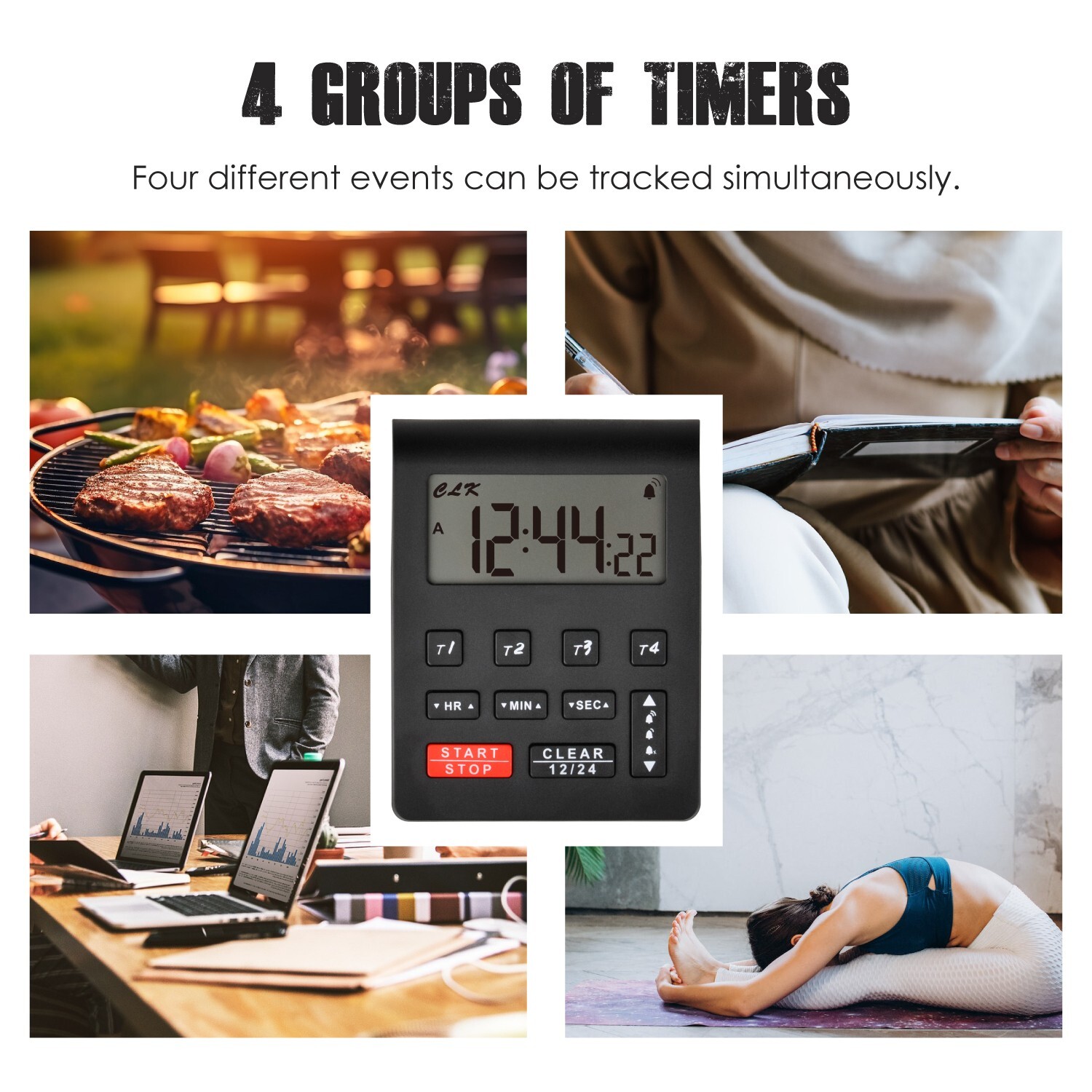 Digital Kitchen 4 Channel Timers Countdown/Count-up Clock Stopwatch Loud Alarm