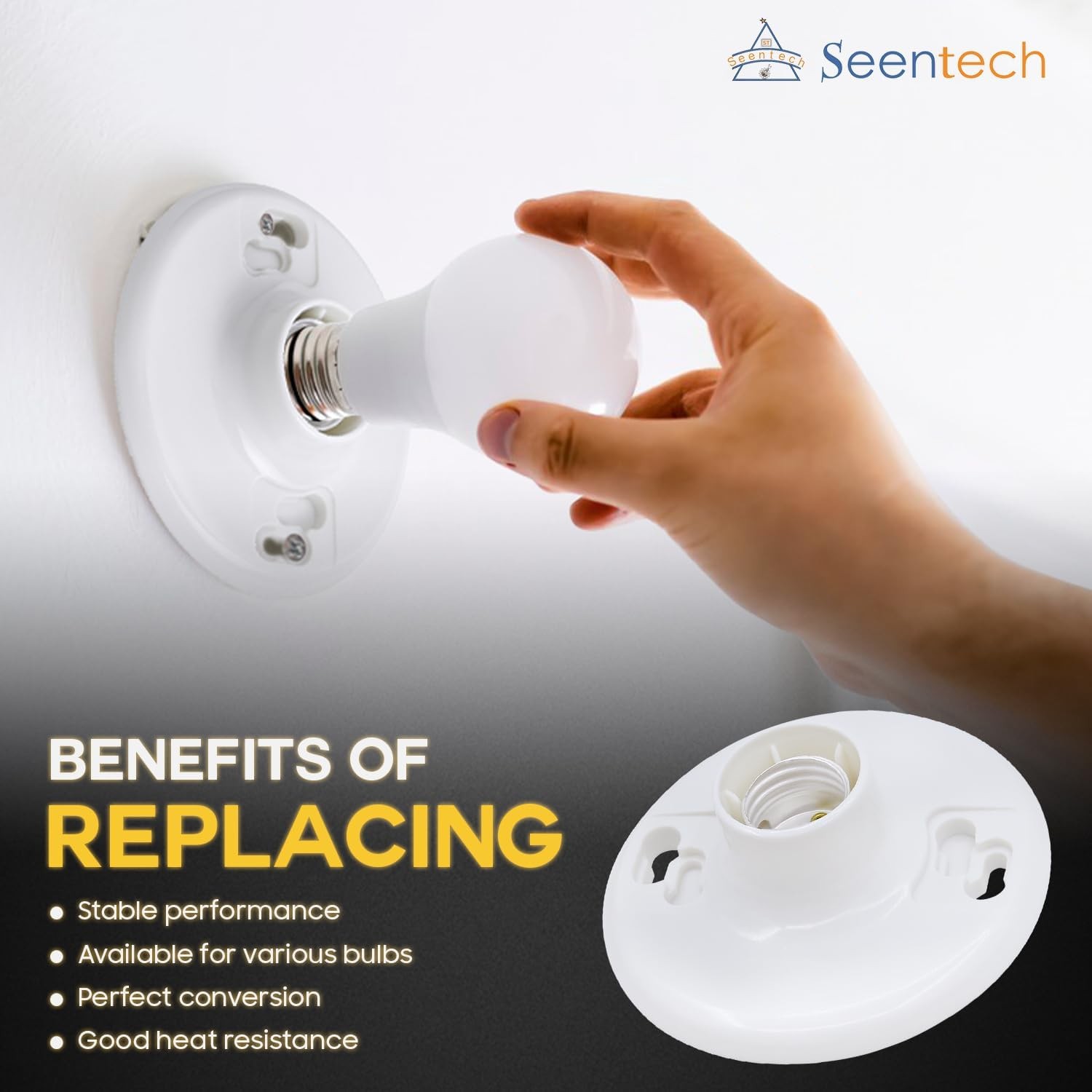 Seentech Keyless Plastic Lamp Holder – E26 Medium Base Ceiling Light Socket, ...