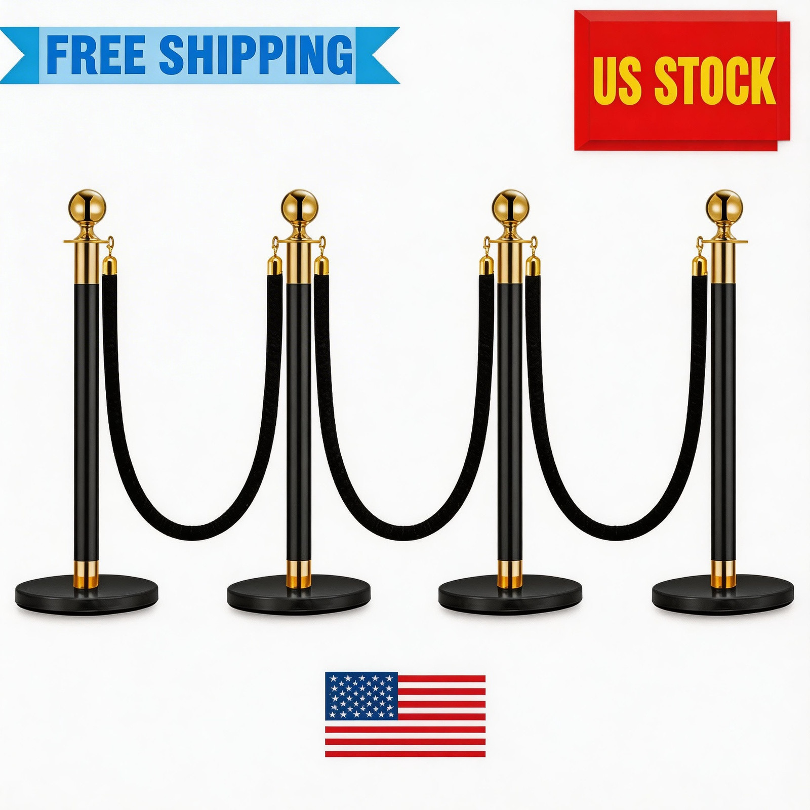 4-Piece Crowd Stanchions Durable Barriers with 3 Pcs 5 ft Velvet Ropes Control