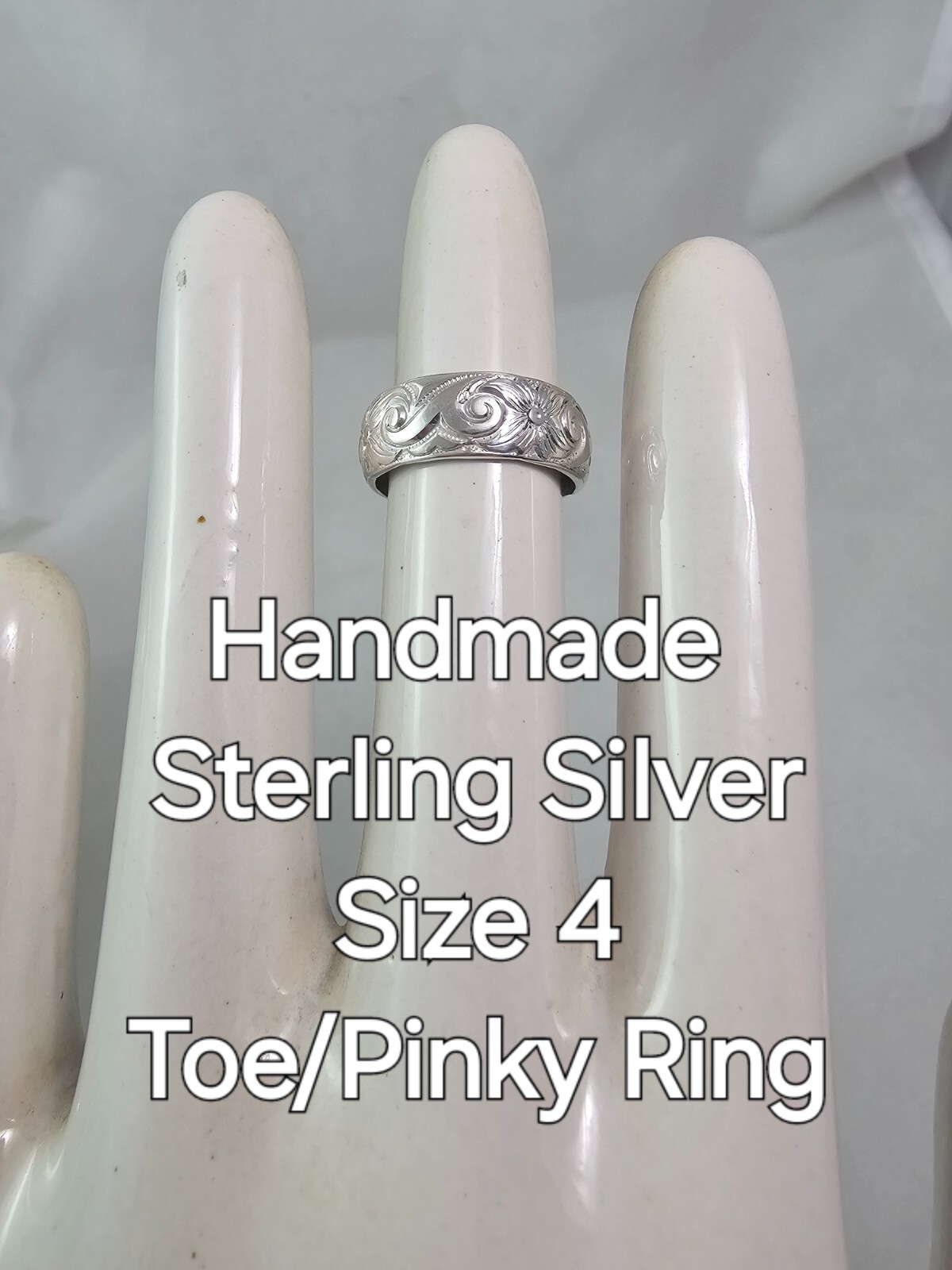 Size 4 Sterling Handmade Toe or Pinky Ring Floral Scroll Pattern 925 SILVER