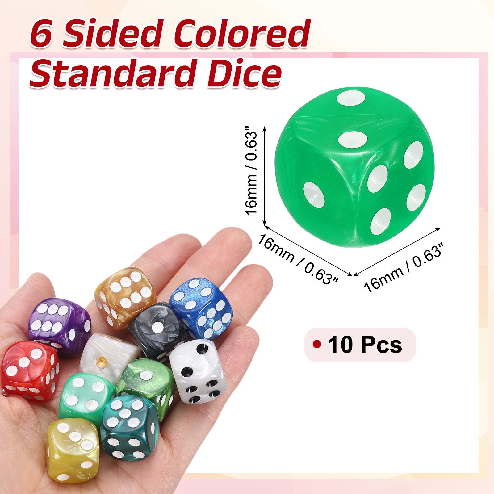 10Pcs 6 Sided Colored Standard Dice, Acrylic D6 Pearl Pattern Dice, Light Green