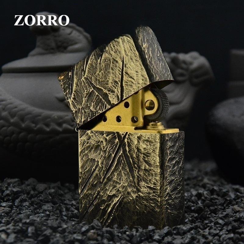 ZORRO 902s Brass Lighter Five-side Engraved, Windproof Flint Wheel Retro Design