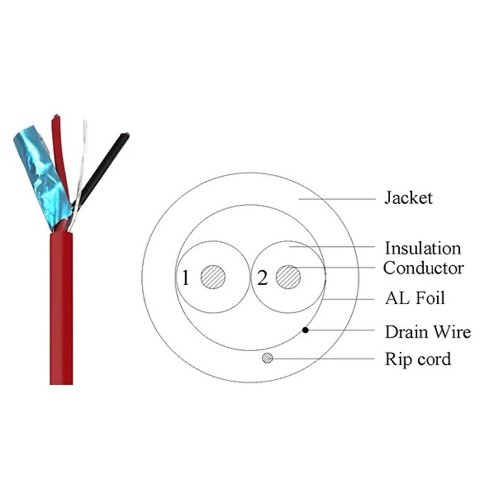 1000FT 18AWG/2C Shielded Fire Alarm Cable Solid Bare Copper Wire FPLR Cord Red