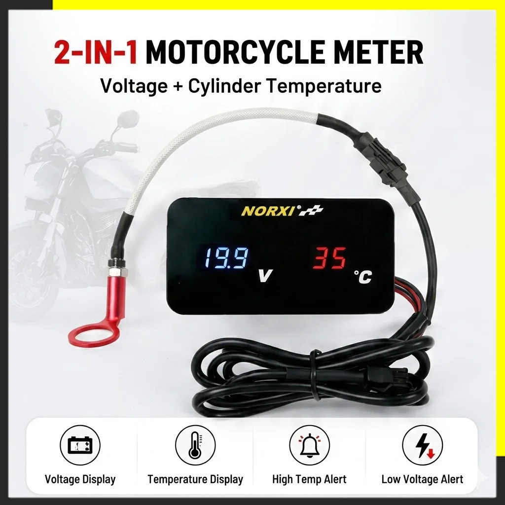 Motorcycle 0-48V Cylinder Head Temp Voltmeter NORXI 2in1 Digital Gauge Scooter