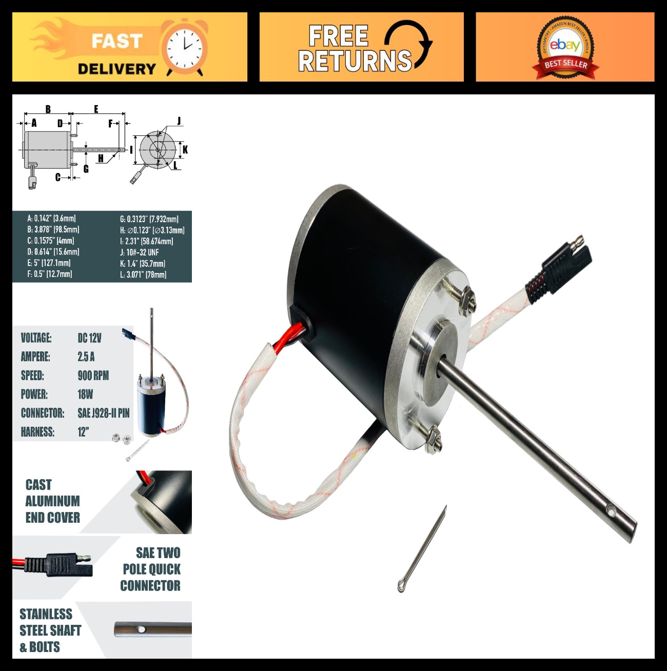 Replacement Motor for ATVS100 Broadcast Spreader, 3008793, Salt & Ice Control
