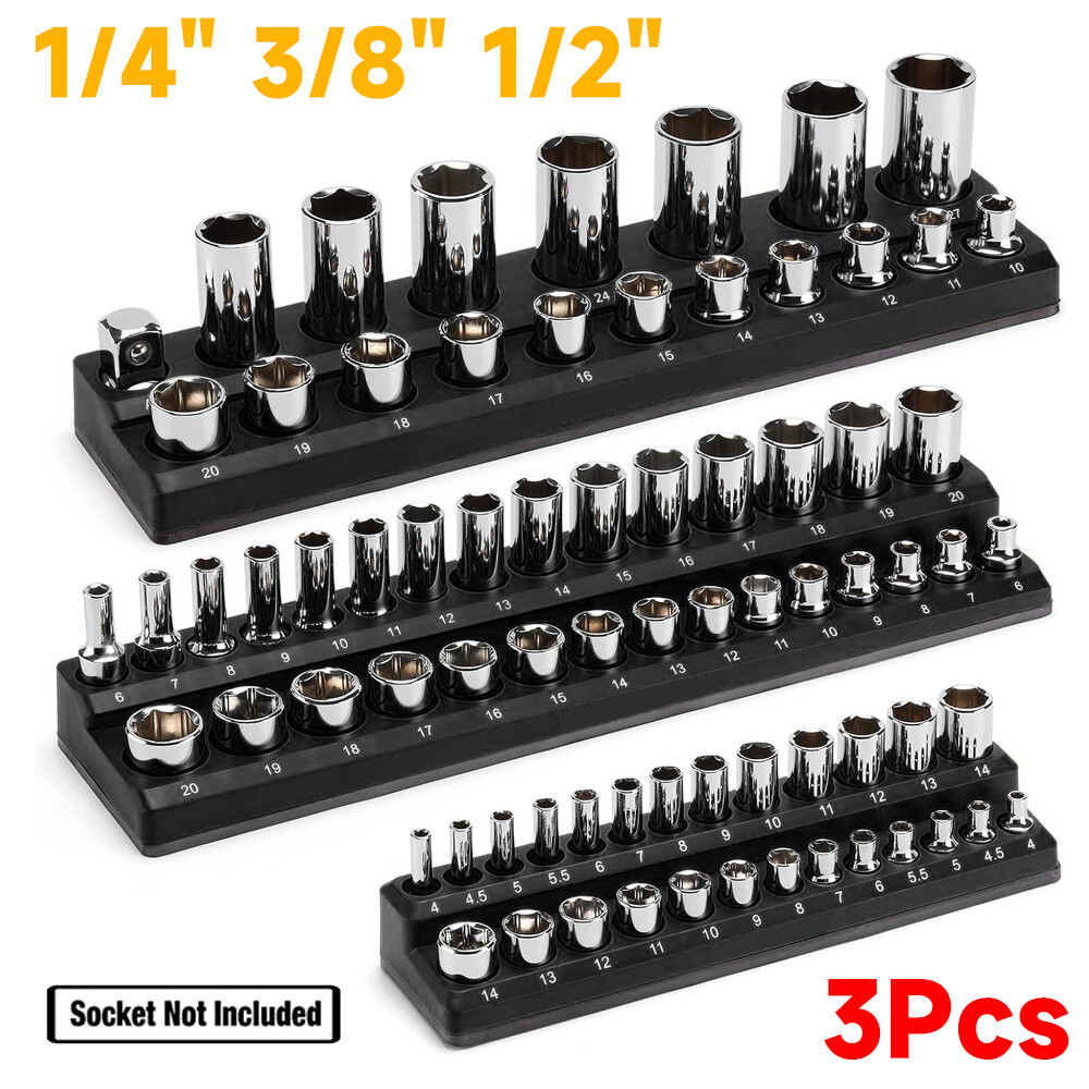 3PCS Magnetic Socket Organizer Storage Holder Set 1/4" 3/8" 1/2" Metric 75-Slots