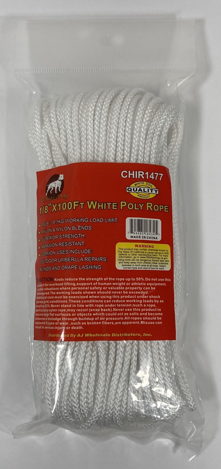 White Poly Tie Down Rope 100 feet x 1/8" Thick