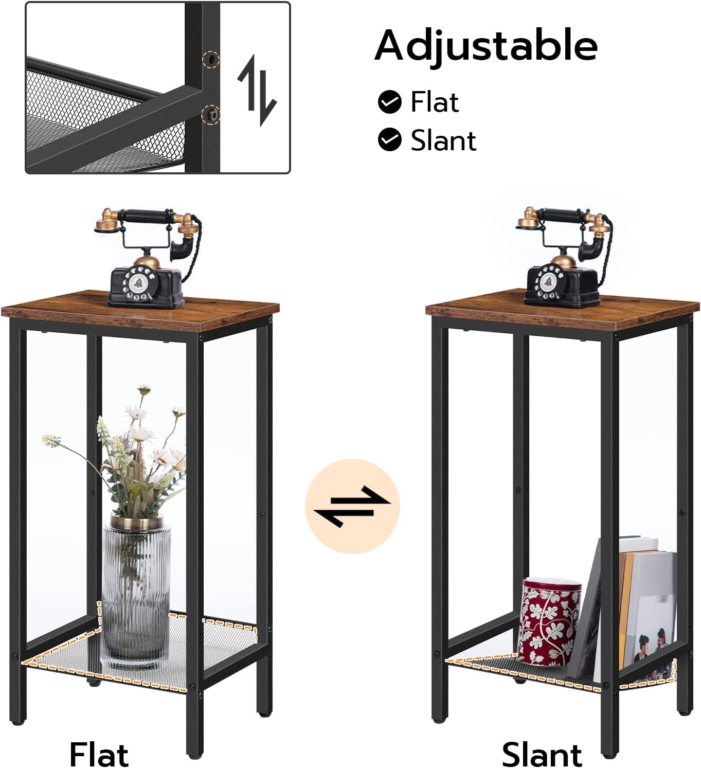 2PCS Industrial End Telephone Table with Adjustable Mesh Shelves Rustic Brown