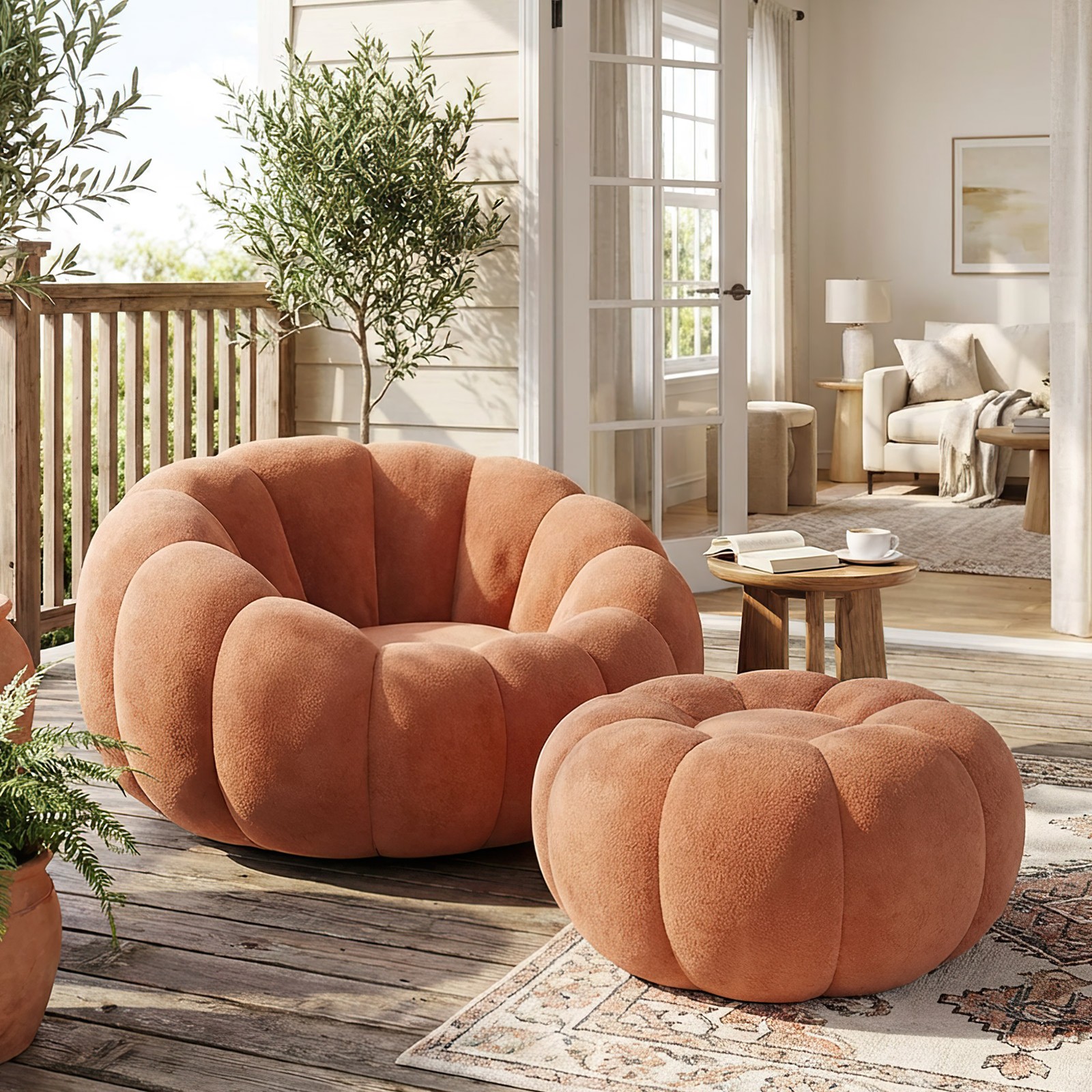 Pumpkin Shape Lounge Chair & Footstool - Brown