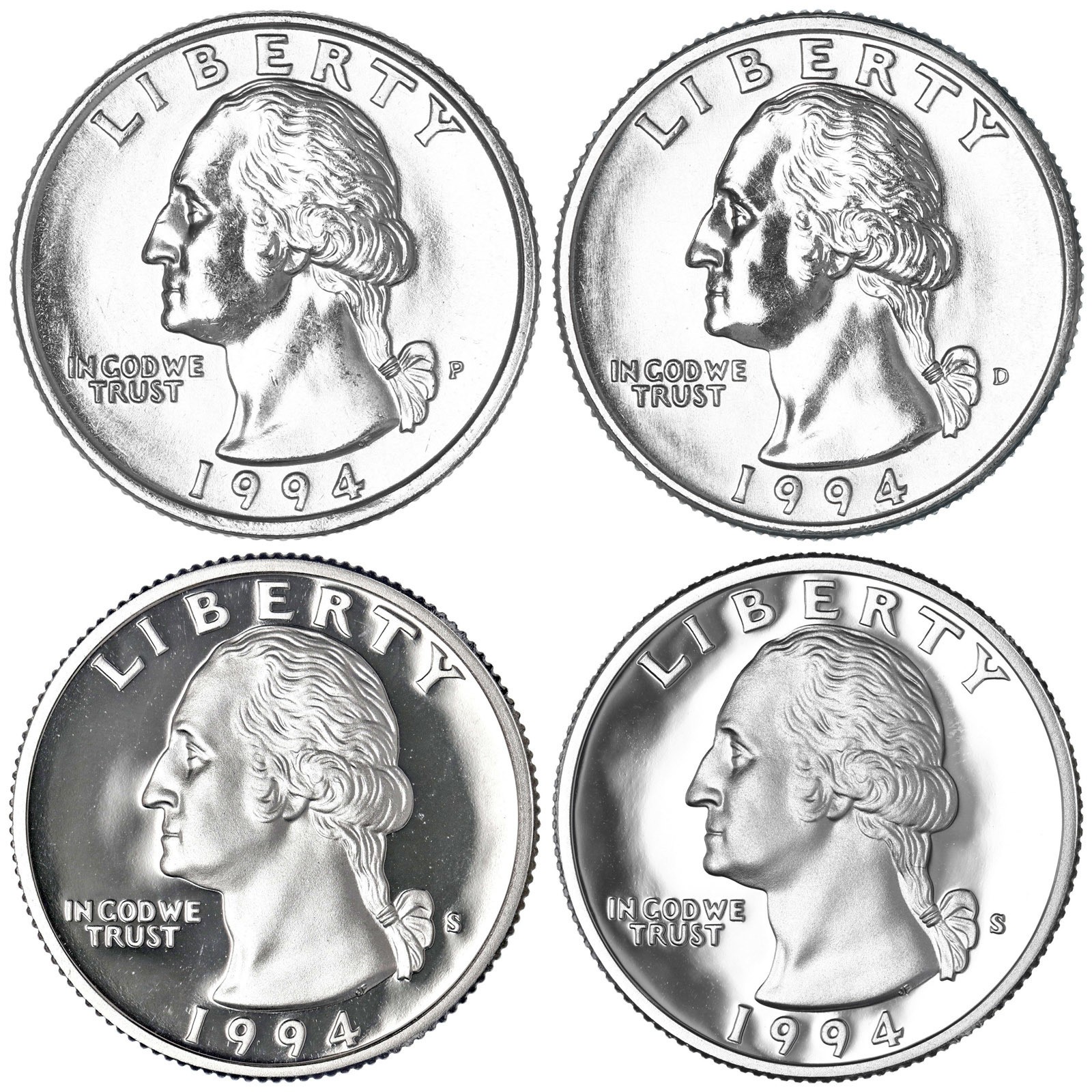 1994 P D S Washington Quarters Silver & C-N Clad Proof & BU 4 Coin Year Set