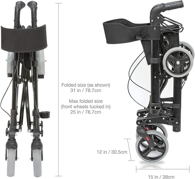 HealthSmart Walker Rollator With Seat And Backrest, Adjustable Handle Black