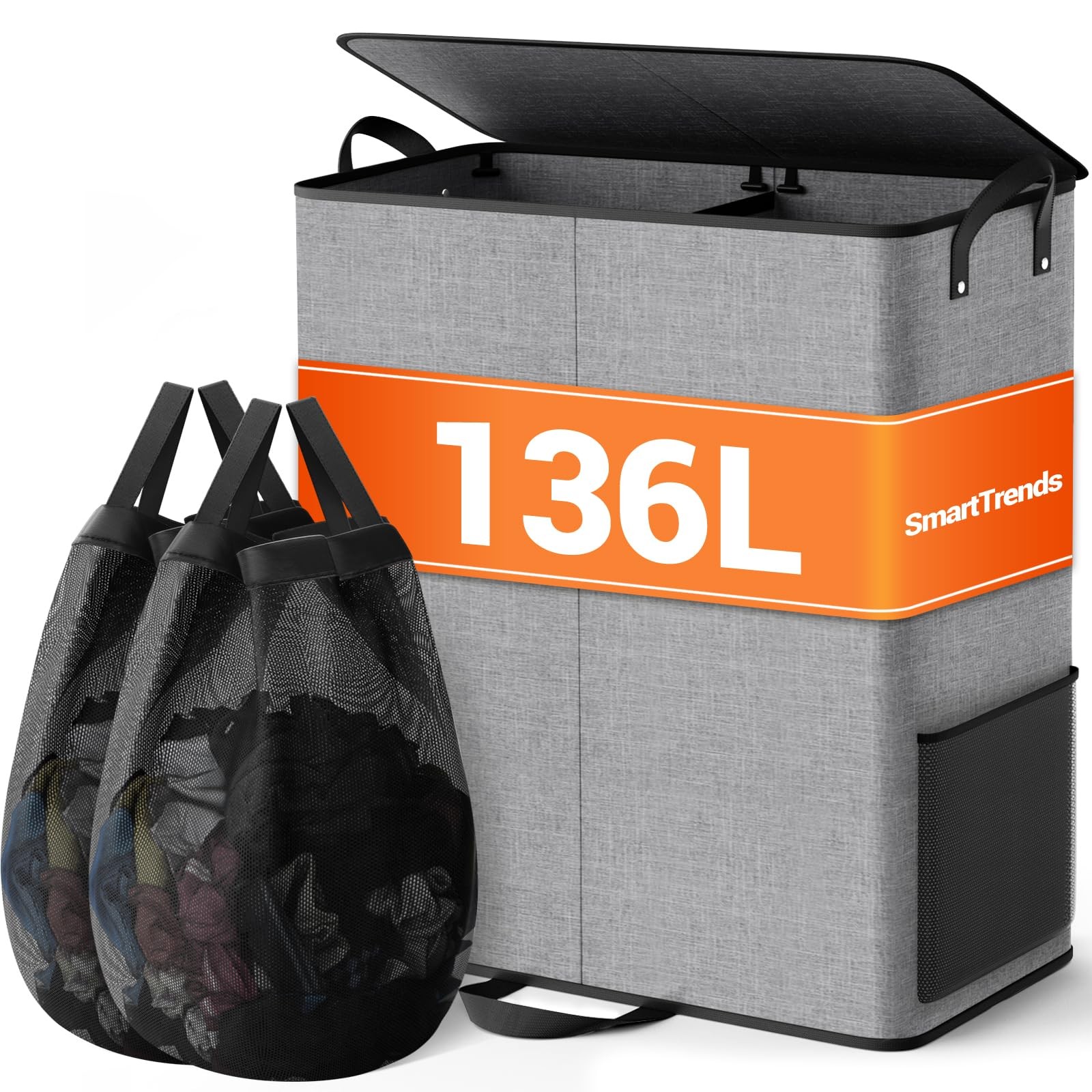 SmartTrends Large Double Laundry Hamper with Lid, Removable Bags & 136L, Gray