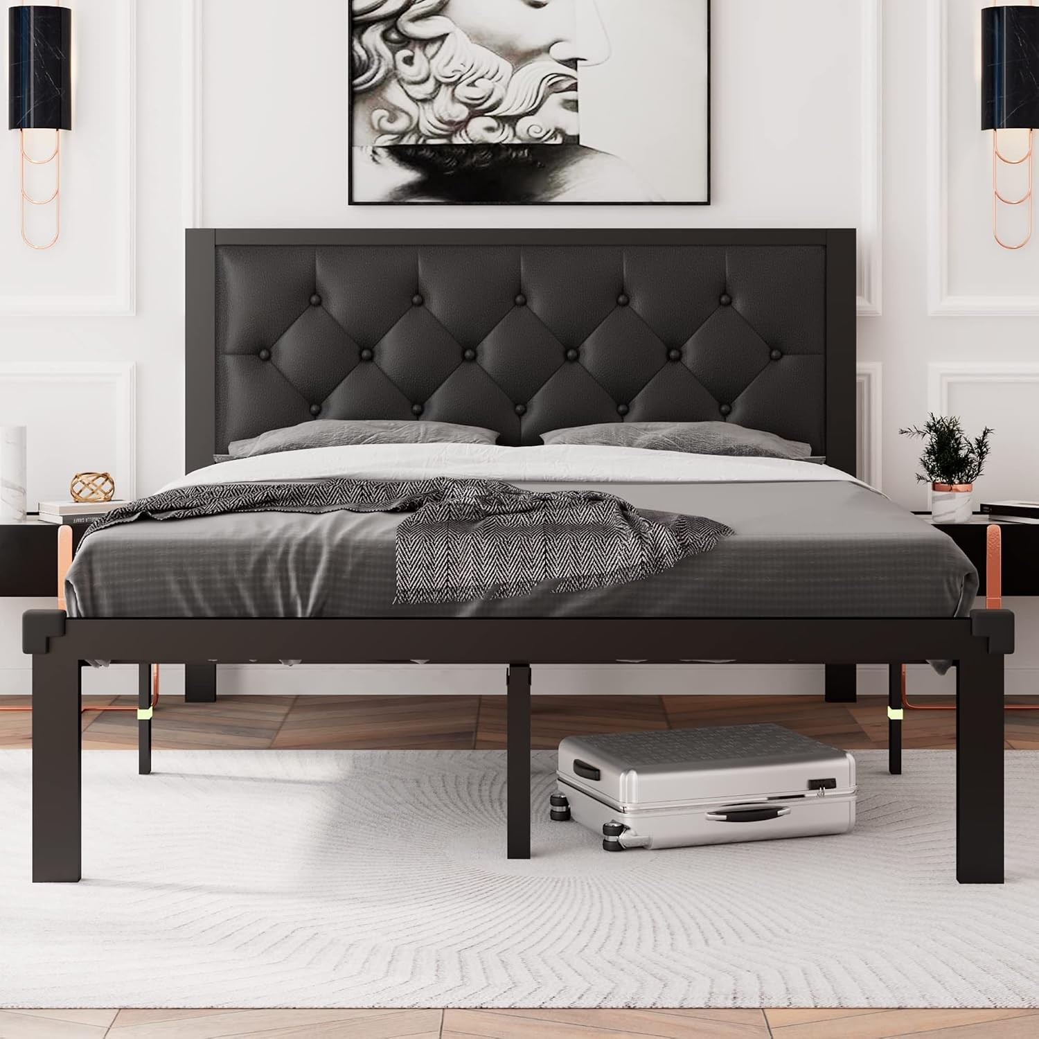 Full Size Metal Bed Frame with Faux Leather Button Tufted Headboard Heavy-Duty