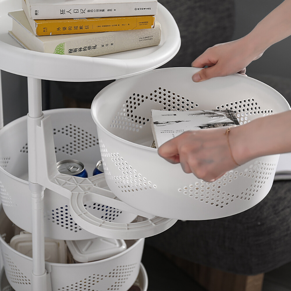5 Layer Kitchen Rotating Organizer Rack Fruit Vegetable Storage Basket w/ Wheels