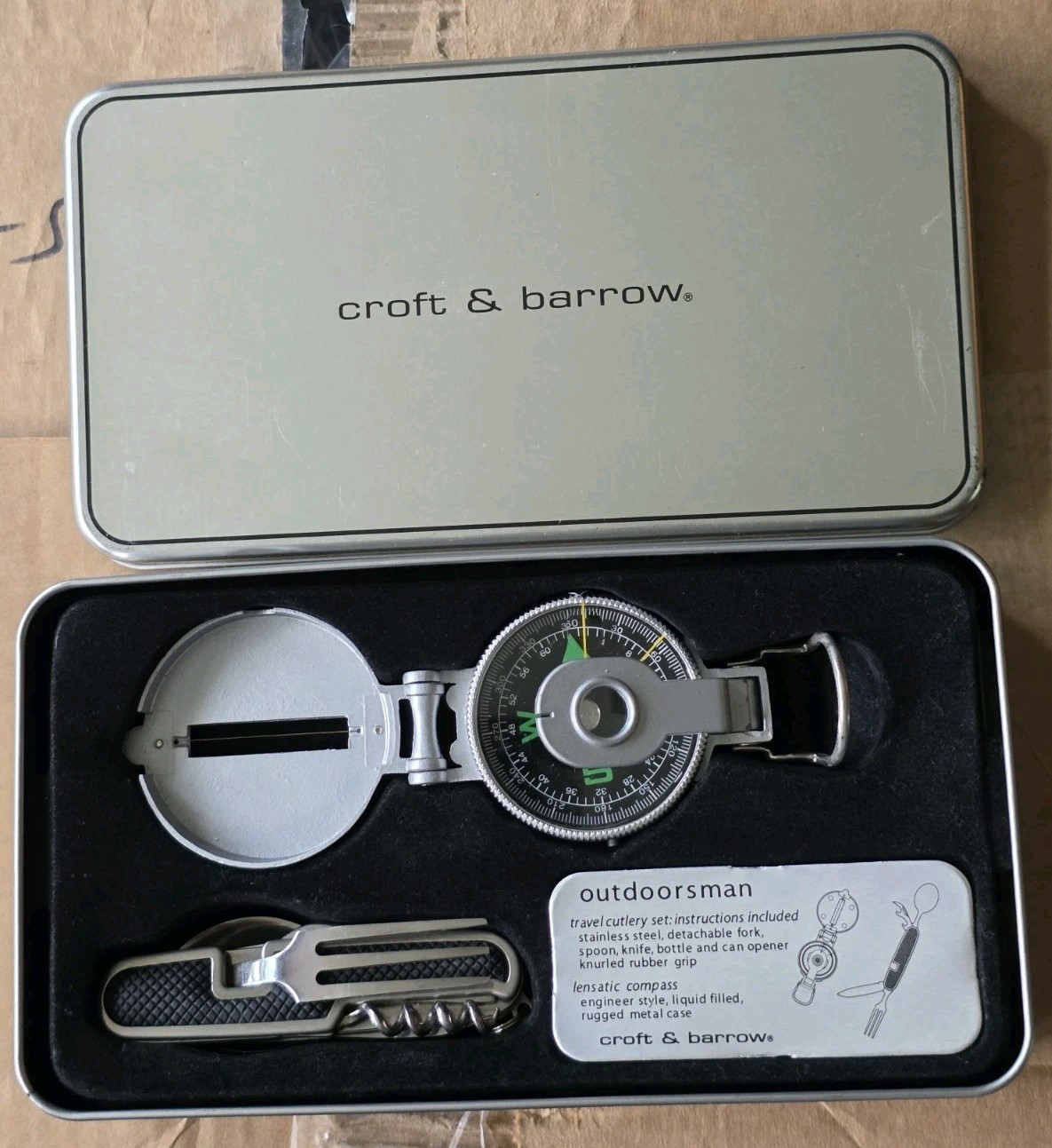 Croft & Barrow Outdoorsman Set Lensatic Compass & Travel Cutlery Multi-Tool Tin