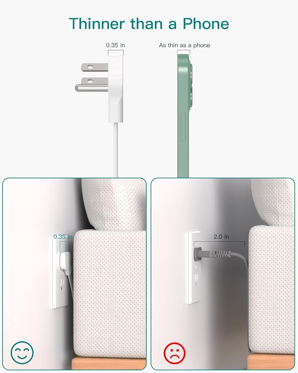 Compact 12-Outlet Flat Plug Power Strip, Wall Mountable with 3 USB Ports