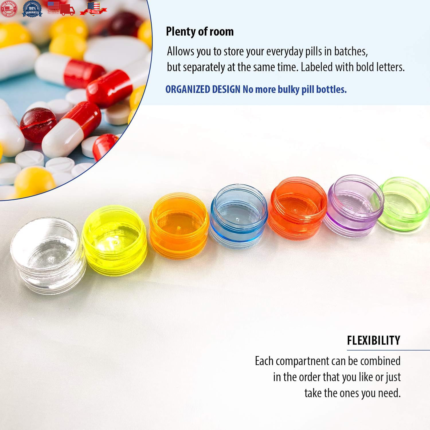 2 Pack Rainbow 7 Day Stackable Pill Organizer Case Tower Box Medicine Planner