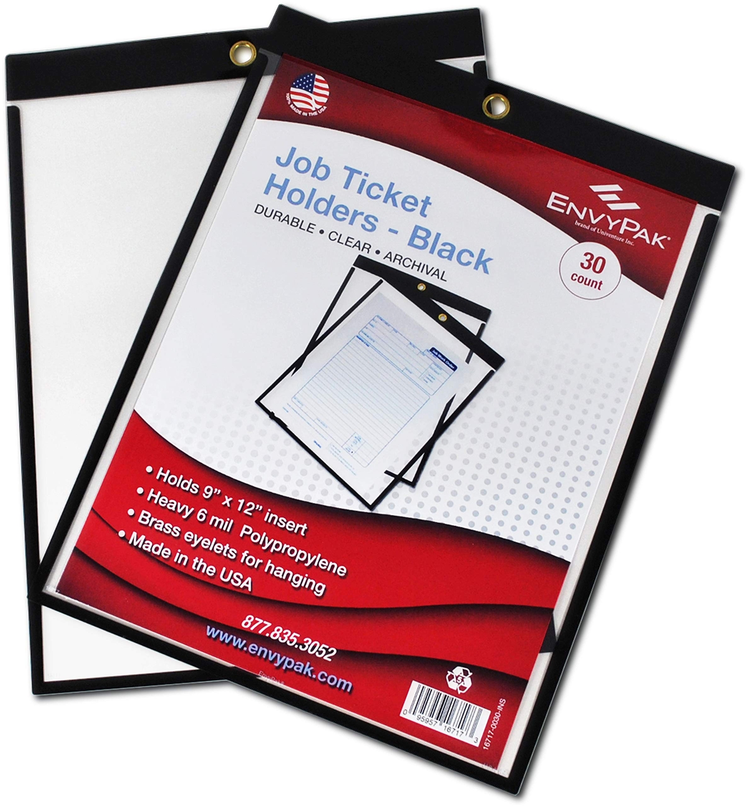 Job Ticket Holders - 9"x12" - Pack of 30 Black Top-Loading with Eyelet for Ha...