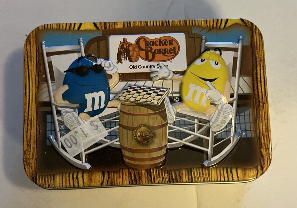 VINTAGE M&M's 2009 Yellow & Blue Tin M&M Playing Checkers at Cracker Barrel