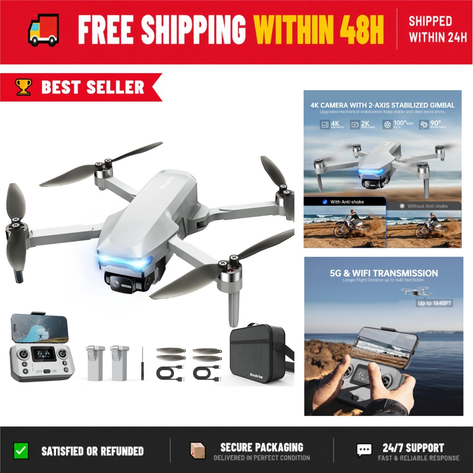 REDRIE HK33 4K Camera Drone, Foldable, Brushless Motor, Auto Follow