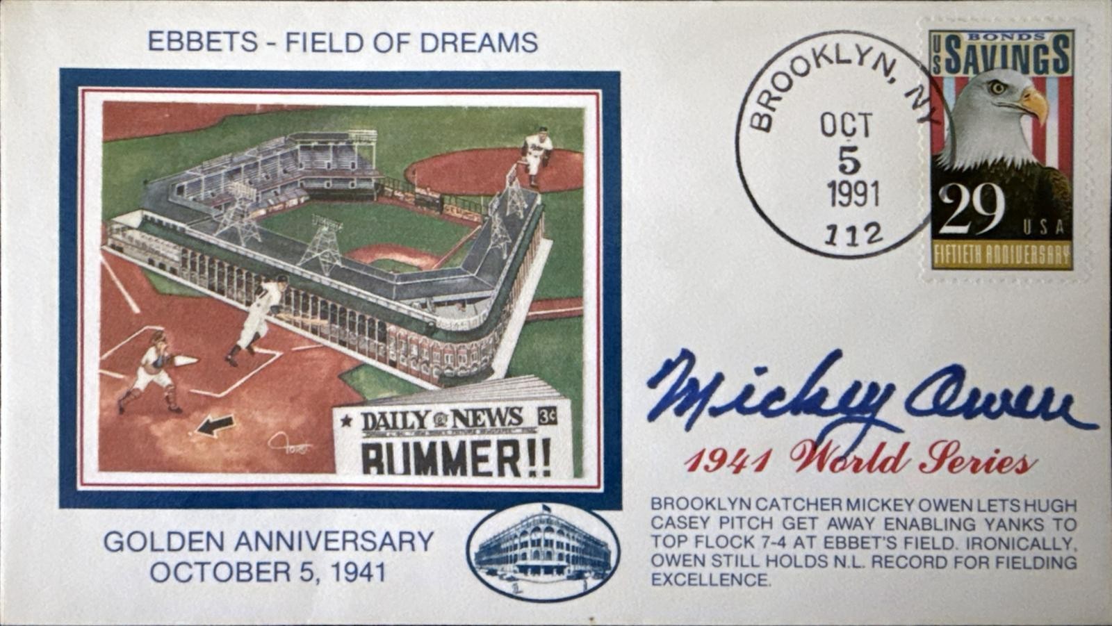 1991 Z SILK CACHET ENVELOPE MICKEY OWEN AUTOGRAPH SIGNED JSA COA BROOKLYN DODGER