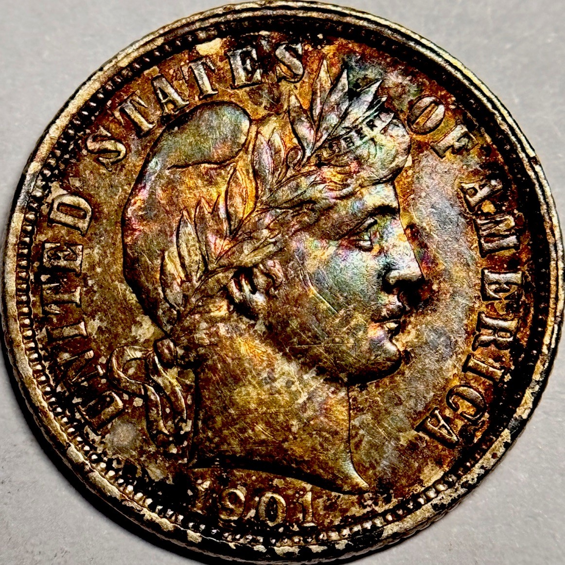 1901-O Barber Dime. High Grade. Very Original Album Rainbow Toned!!!!