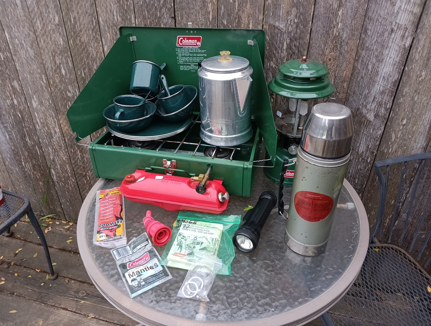 70s Coleman Camp Set Stove Lantern enamelware Percolator Thermos Xtras USA 🇺🇸