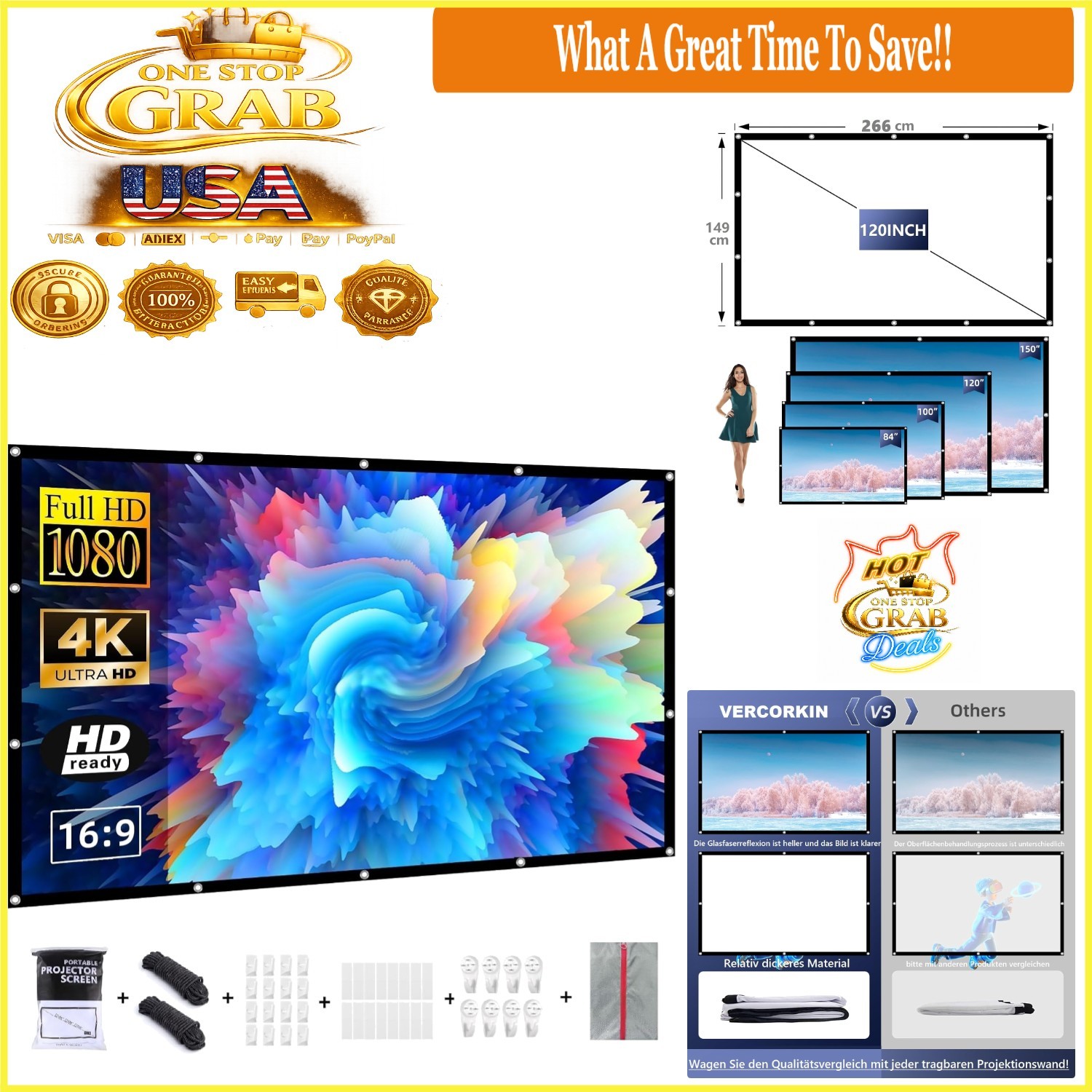 120 Inch Outdoor Projector Screen Foldable Anti-Crease Portable Movie Screen ...