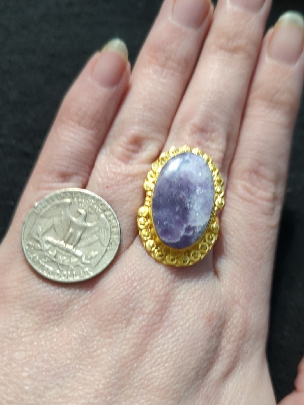 Gold Plated Purple Amethyst Gemstone Oval Statement Ring - Size 9.5