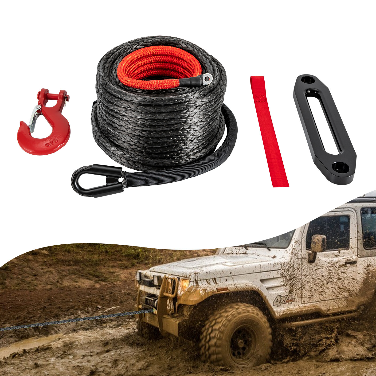 1/2"x92' Synthetic Winch Rope with Hook, Winch Cable w/Safety Pull Strap HOT
