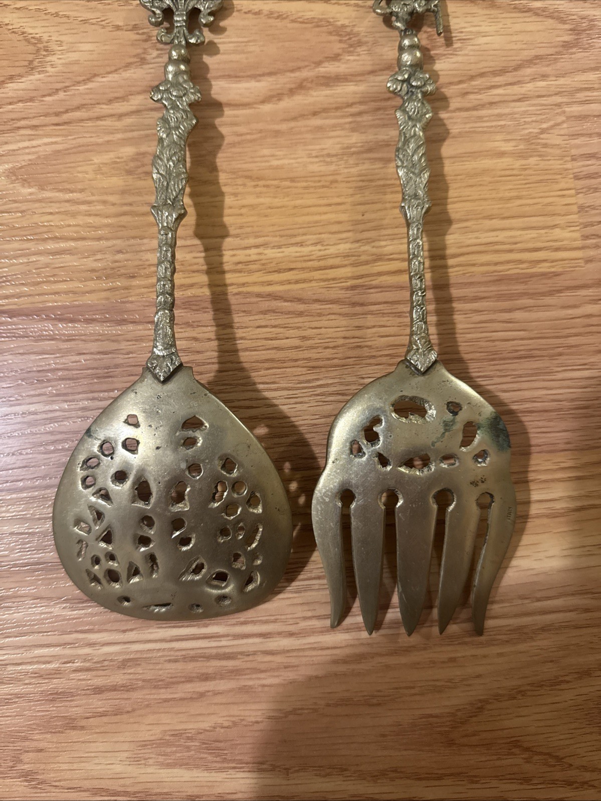 Ornate Brass Serving Spoon Fork Set Italy Cherub Design