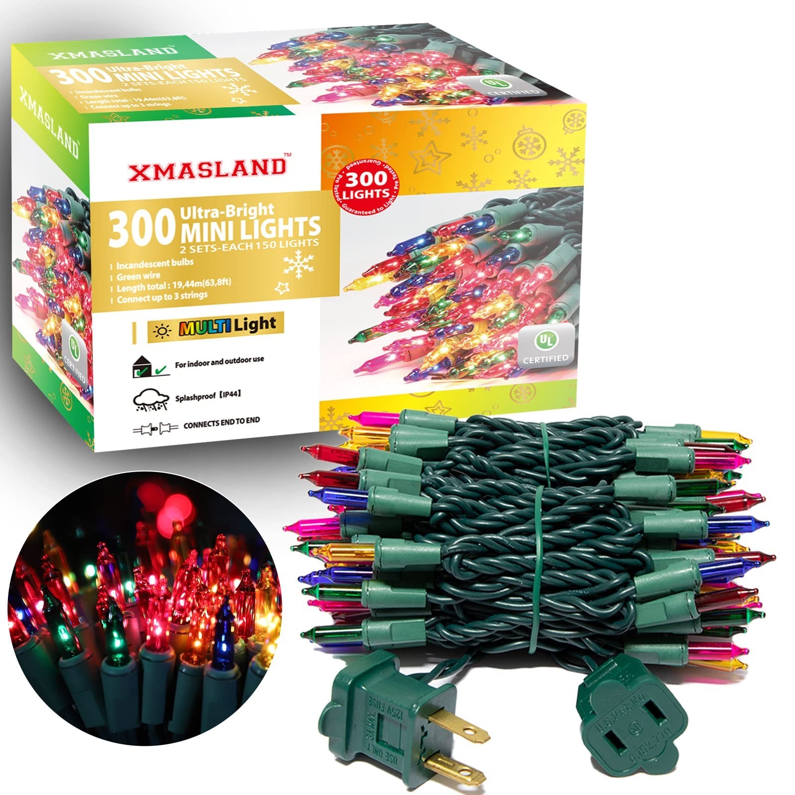 Ultra-Bright Connectable Multi Christmas Light Set 300Count 63.8Feet(2Sets-Ea...