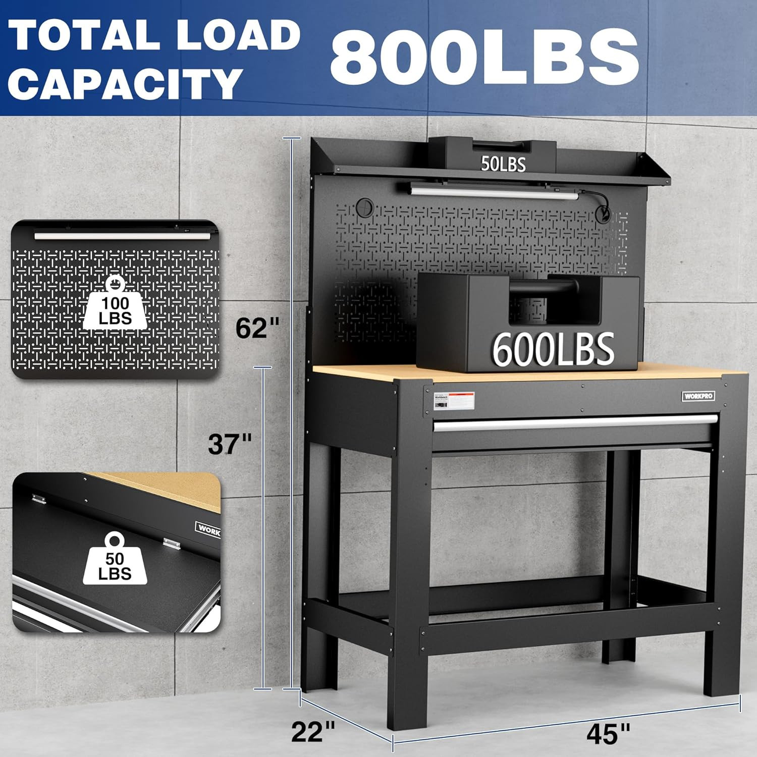 WORKPRO Garage Workbench with Storage, 45" Workbench with Pegboard, Power Outlet