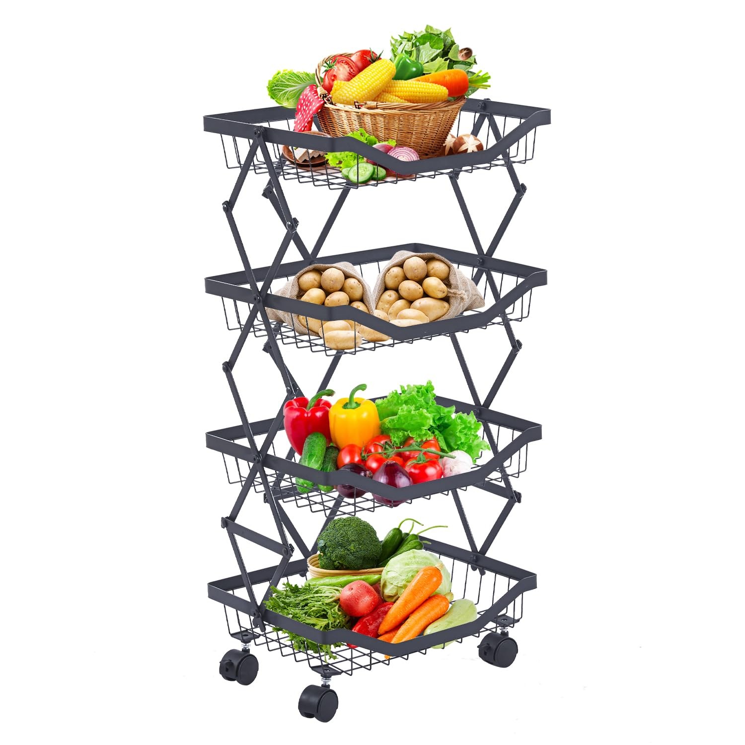 4 Tier Fruit Basket for Kitchen Stackable Metal Wire Fruit Vegetable Basket w...