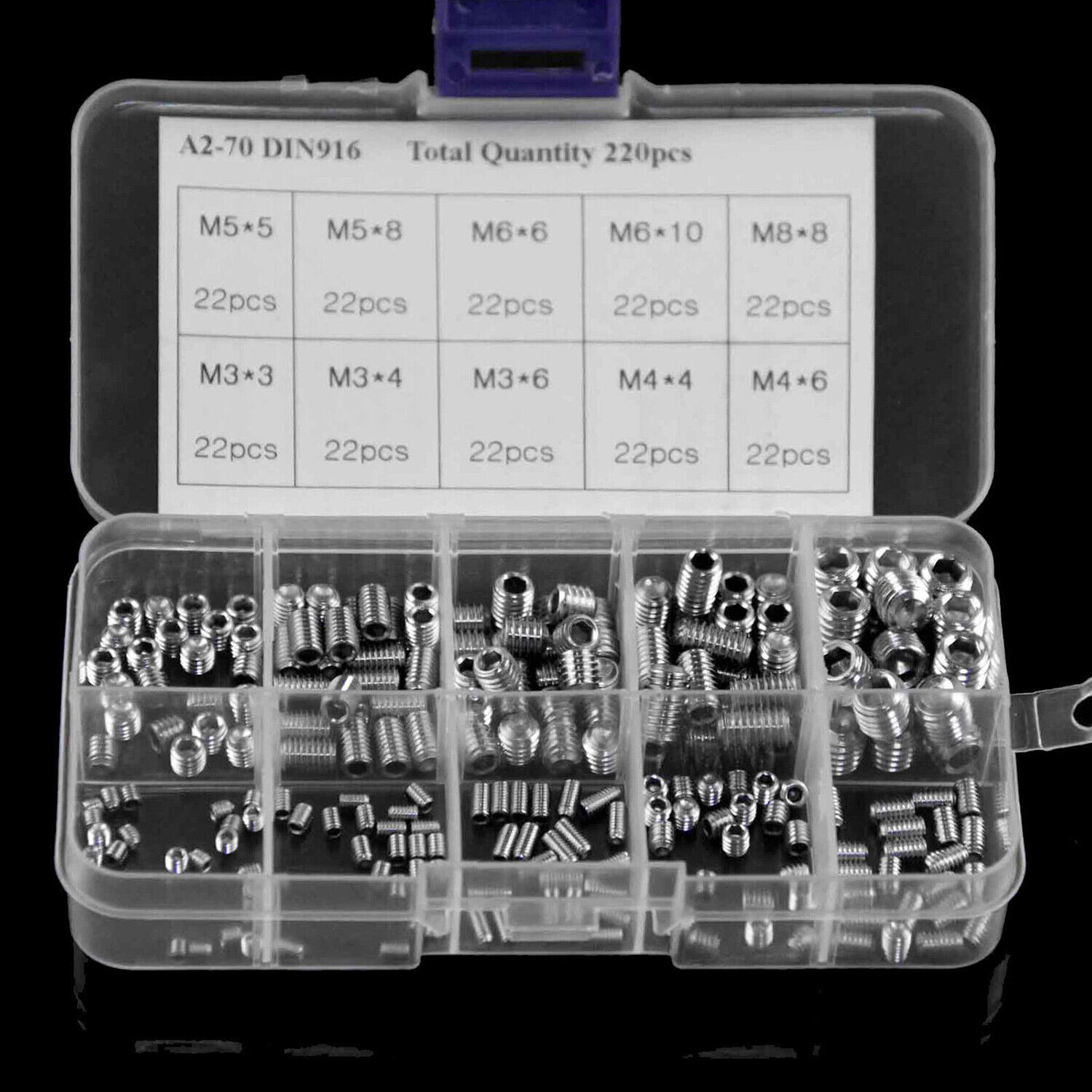 220Pcs Stainless Steel Allen Head Socket Set Grub Screws Assortment Kit