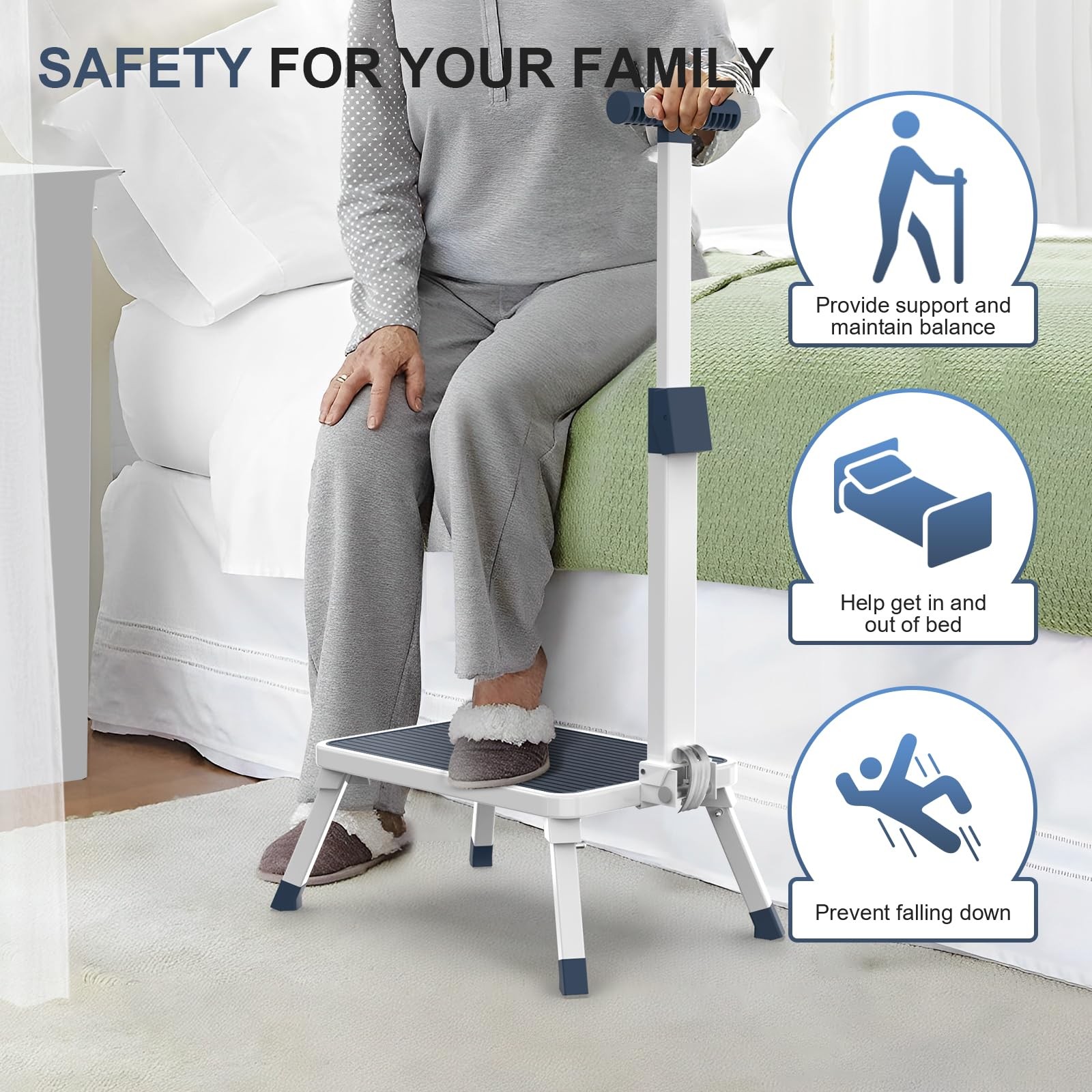 Folding Step Stool with Handle for Elderly Adults - Portable Metal Stepping